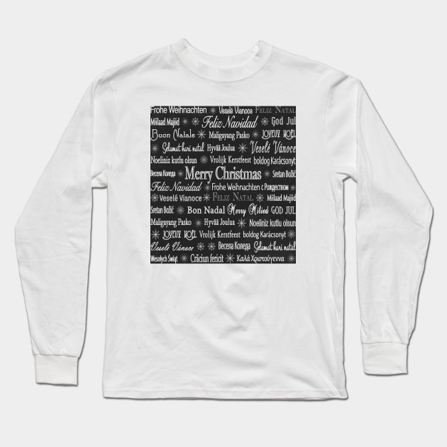 Merry Christmas In Different Languages Art Deco Pattern Design Long Sleeve T-Shirt by Pattern Plans